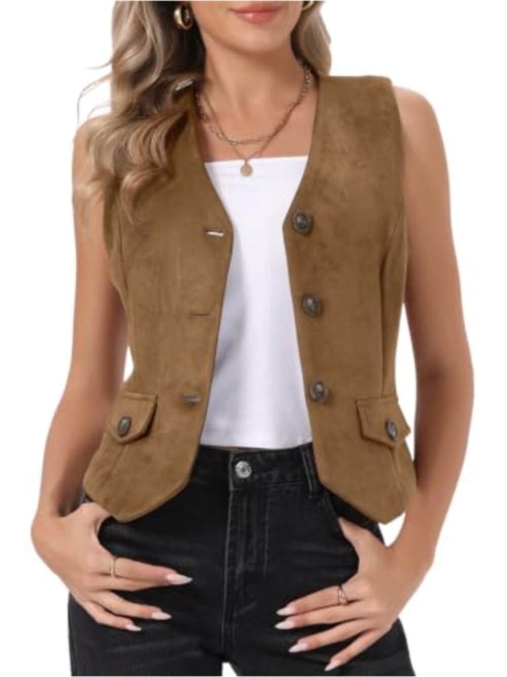 Women's Faux Suede Button Vest V Neck Sleeveless Waistcoat